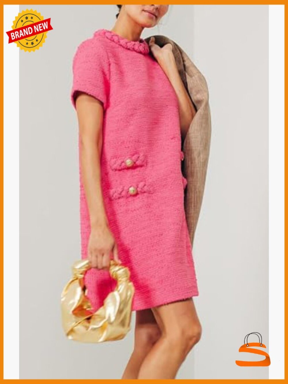 Tweed Jackie Dress - Short Sleeve, Crew Neck, Button Detail Bodycon Mini - Picture 3 of 7